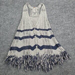 Free People Gray Blue Fringe Knit Silk Linen Blend Vest Womens Medium Button
